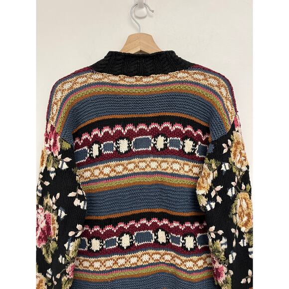 Vintage Handknitted Express Tricot Floral Stripes Chunky Cottage Sweater Medium - Picture 6 of 10